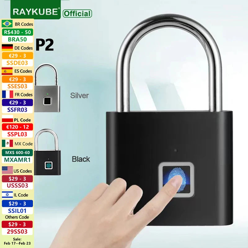 RAYKUBE P2 Smart Fingerprint Padlock Waterproof Zinc Alloy Biometric Padlocks With Buit-in Rechargeable Battery