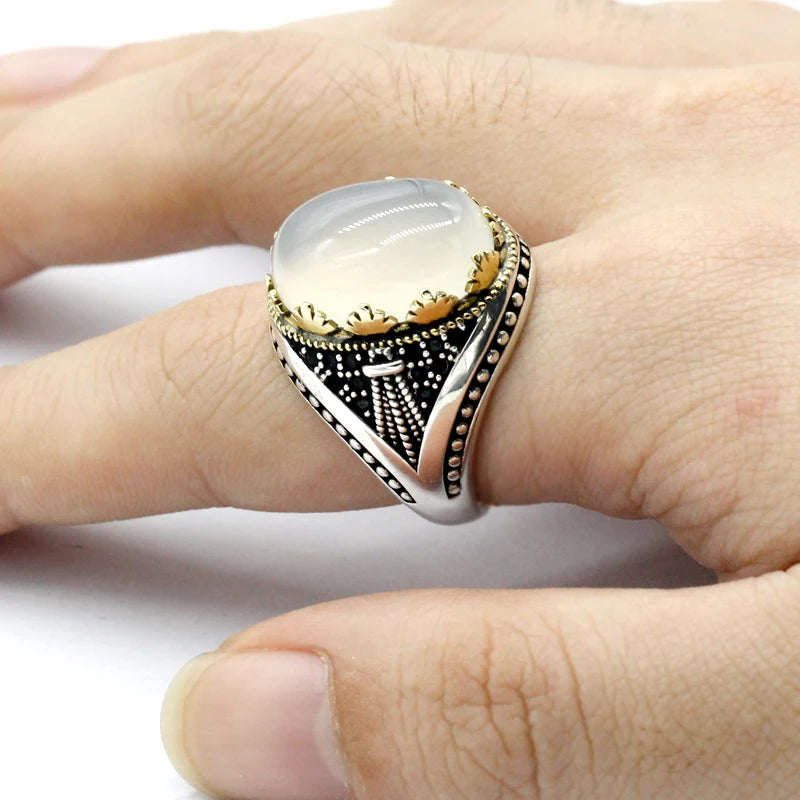 925 sterling silver ring men's white agate stone ring vice stone spinel men's high jewelry