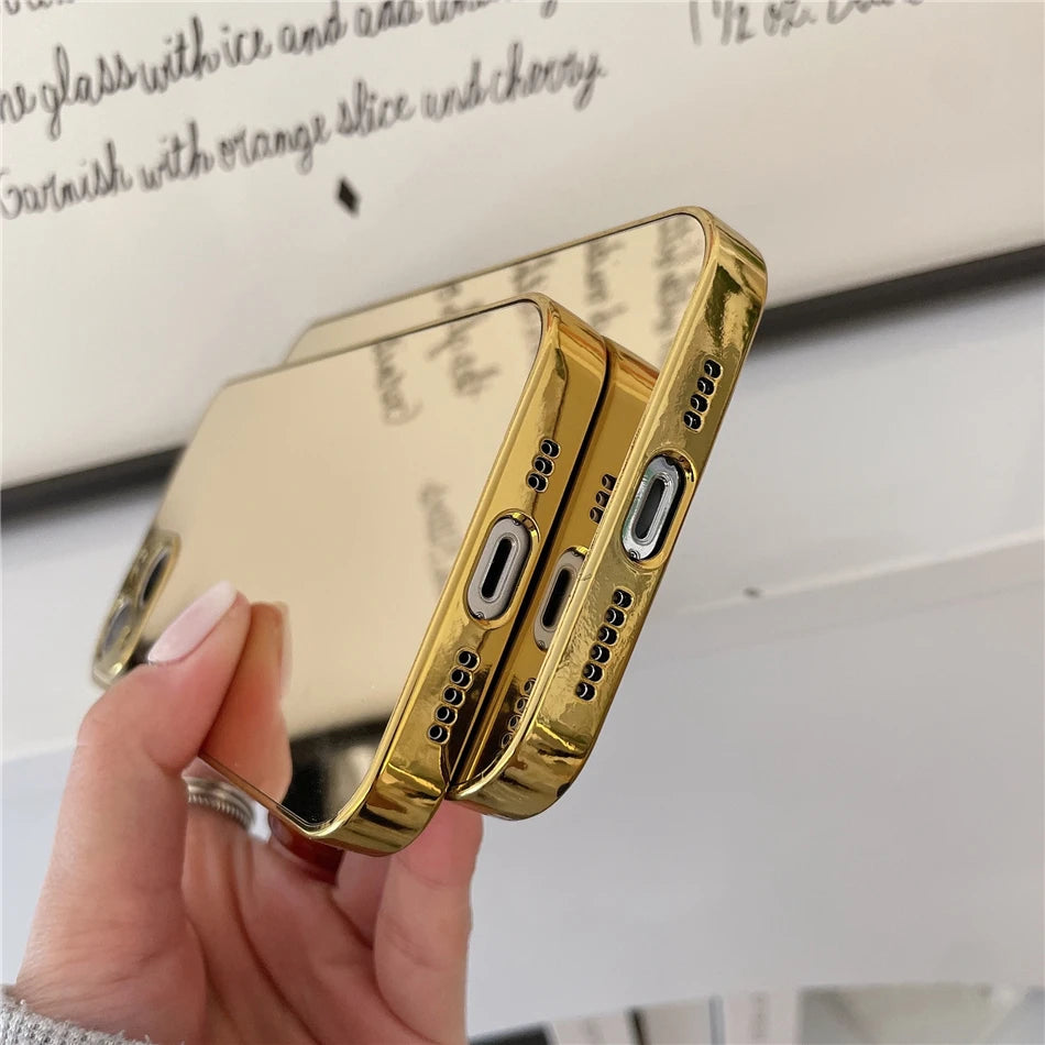 Luxury Glossy Plating Gold Silver Mirror Plain Phone Case for iPhone 16 15 14 13 12 11 Pro XS Max Plus Back Cover Coques