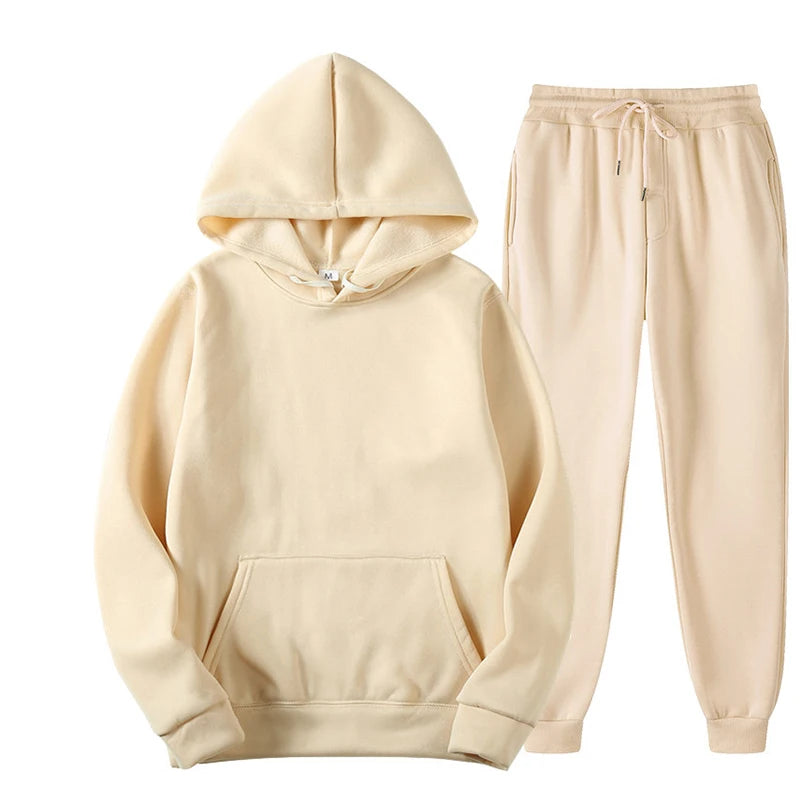 New Men Women Tracksuit Hoodies Casual Solid Color Thick Pullover and Long Pant 2-piece Set Men Autumn Fleece Jogger Sports Suit