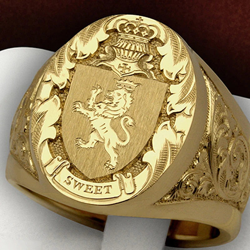 Domineering Crown Lion seal Vintage Gold Color Rings for Men Fashion Wedding Jewelry Gift Accessoires Chunky Rings