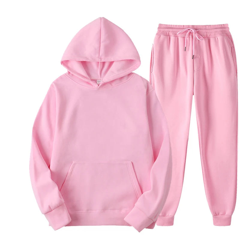 New Men Women Tracksuit Hoodies Casual Solid Color Thick Pullover and Long Pant 2-piece Set Men Autumn Fleece Jogger Sports Suit