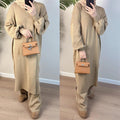 Autumn Casual Knitted 2 Piece Set Womens Outfits Matching Muslim Set Long Sleeve Dress Wide Leg Pants Suit Tracksuit Turkey Robe - Aurex