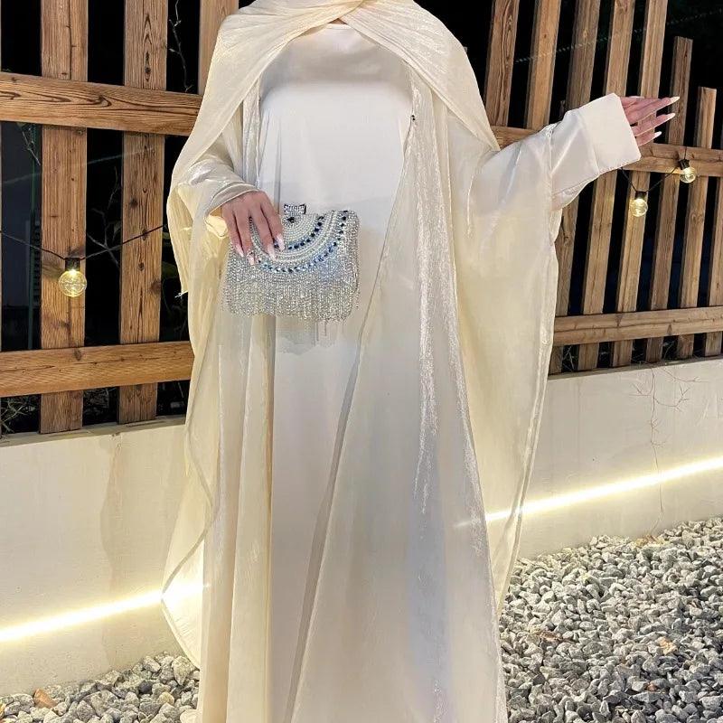 Cross-Border Women's Modest Abaya – Solid Color Organza Suit with Simple Shawl & Outer Skirt - Aurex