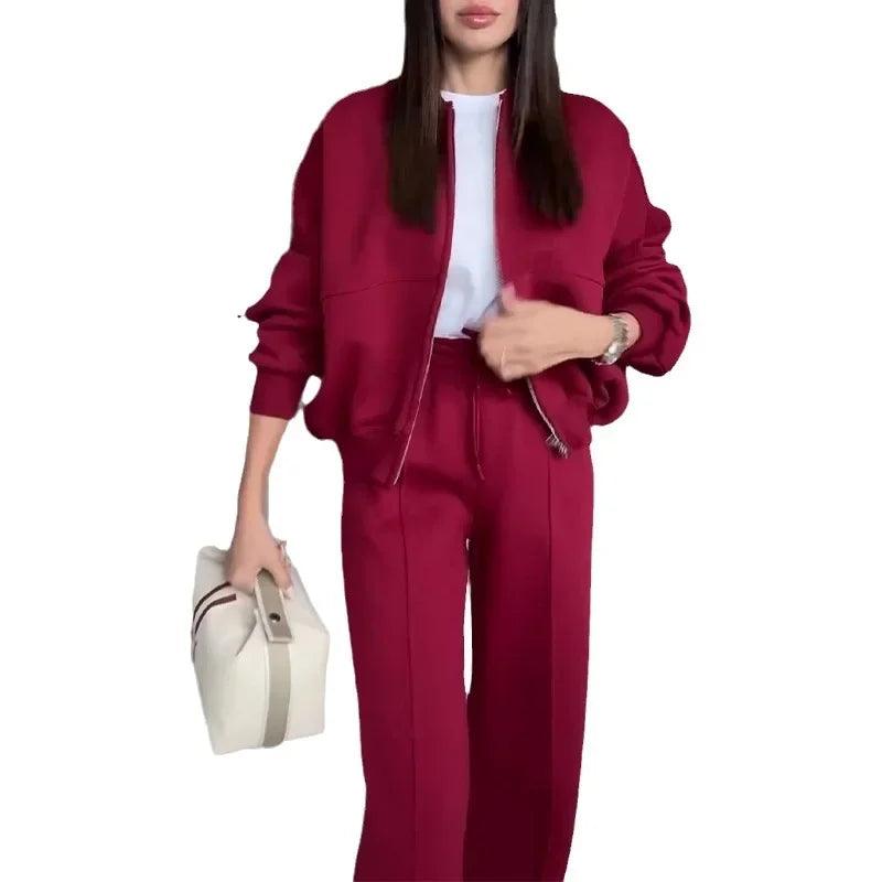 Two-Piece Tracksuit Set – Women's Zipper Sweatshirt & Wide-Leg Pants with Drawstring | Modest Sportswear Outfit - Aurex