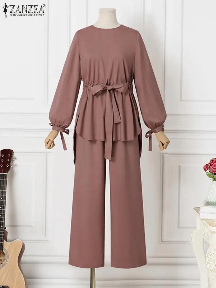 Muslim Women Matching Sets Long Sleeve Solid Color Tops And Loose Pant Suits Elegant Fashion Casual Tracksuit Kaftan - Aurex