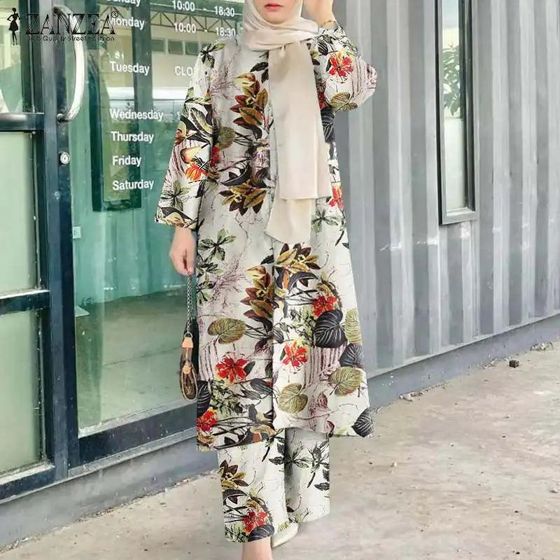 ZANZEA 2PCS Floral Muslim Sets Boehmain Female Blouse Wide Leg Pant Sets Turkey Abaya Loose Matching Sets IsIamic Tracksuits - Aurex