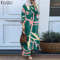 ZANZEA Fashion Matching Sets Muslim Suit Long Sleeve Blouse Wide Leg Pants 2PCS Woman Vintage Floral Printed Tracksuits - Aurex