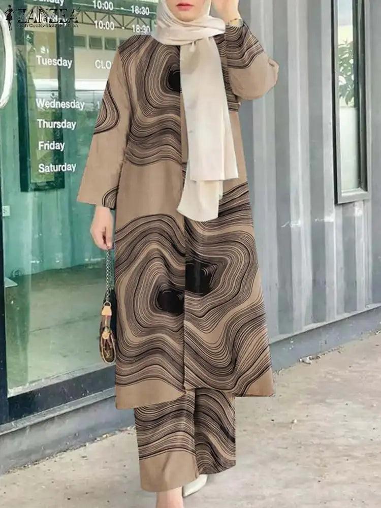 2025 Autumn Tracksuits Fashion Printed Muslim Sets Islamic Outfits ZANZEA Women Long Sleeve Blouse Causal Pants Sets Abaya Suit - Aurex