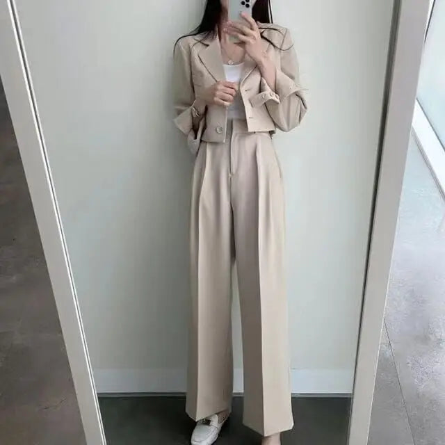 Spring Korean Casual Elegant Suits Blazer Jacket Wide Leg Trousers High Waist Pants Suits Female 2 Piece Sets Crop Top Coats - Aurex