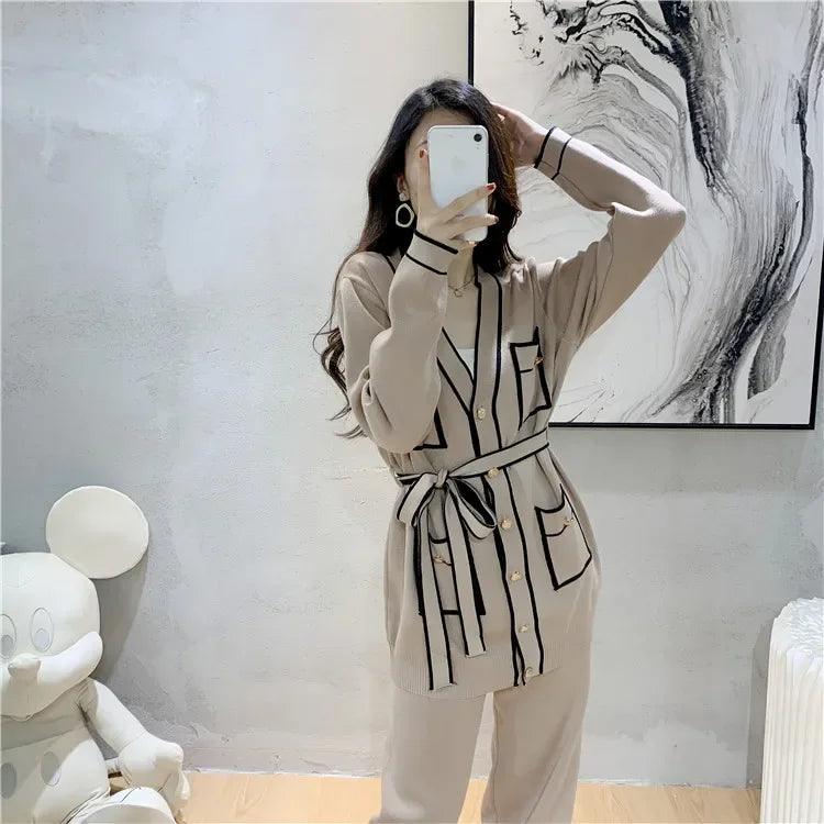 Winter Knitted Two-Piece Set – Women's Lace-Up Sweater Cardigan & Knitted Pants | Warm Outfit 2025 - Aurex