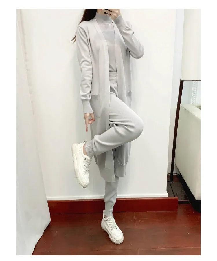 Winter Women Knitted 3 Pieces Set Casual Thicken Long Coat Dress Sweater Coat +top + Pant 3PCS Suits Warm Set Abaya 2024 - Aurex