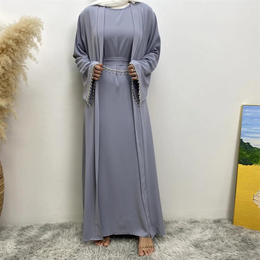 New fashion Muslim women sleeveless dress plus Muslim cardigan two-piece Arab Turkey Dubai dress elegant temperament clothing - Aurex