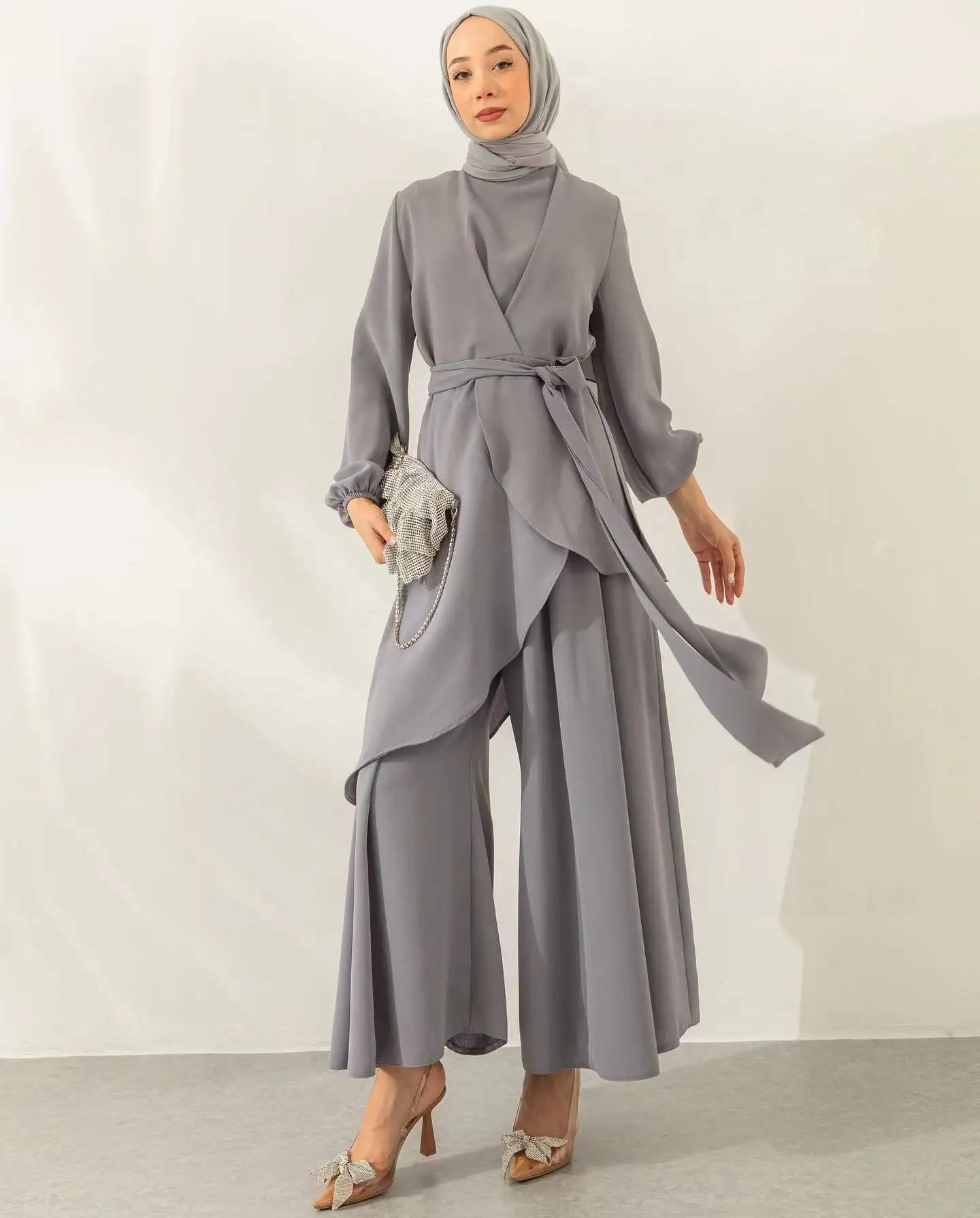 Muslim Two Piece Women Modest Set Top Lace Up Wide Leg Pants Suit Ramadan Morocco Dubai Islam Casual Ensemble Arabic Outfits - Aurex