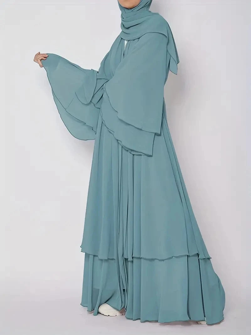 Solid Color Tie Waist Modest Dress, Elegant Layered Hem Maxi Length Dress With Hijab, Women's Clothing - Aurex