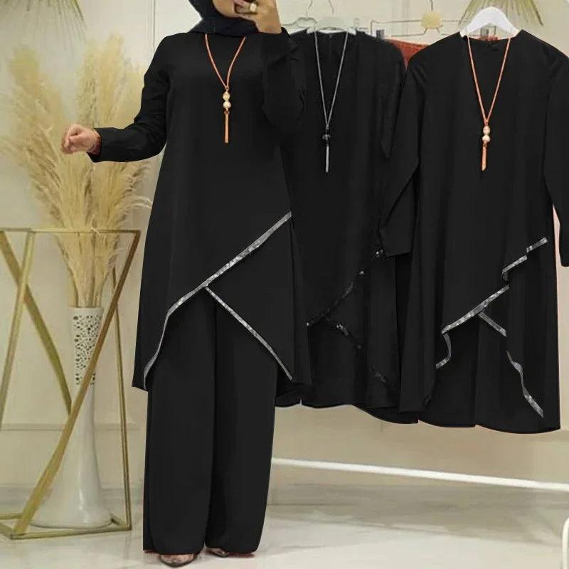 Muslim Two-Piece Sets for Women Long Sleeve Blouse Wide Leg Pants Modest Abaya Dubai Turkey Suits Arab Casual Tracksuit - Aurex