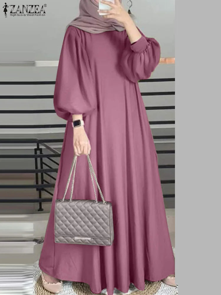 ZANZEA Islamic Hijab Dresses Elegant Long Lantern Sleeve Muslim Abaya Dress Maxi Robe Women Sundress Casual Solid Loose Vestidos