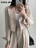 Spring Korean Casual Elegant Suits Blazer Jacket Wide Leg Trousers High Waist Pants Suits Female 2 Piece Sets Crop Top Coats - Aurex