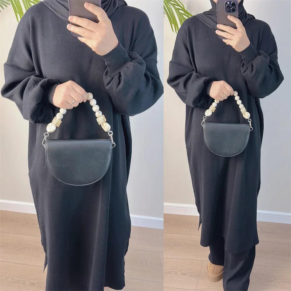 Autumn Casual Knitted 2 Piece Set Womens Outfits Matching Muslim Set Long Sleeve Dress Wide Leg Pants Suit Tracksuit Turkey Robe - Aurex