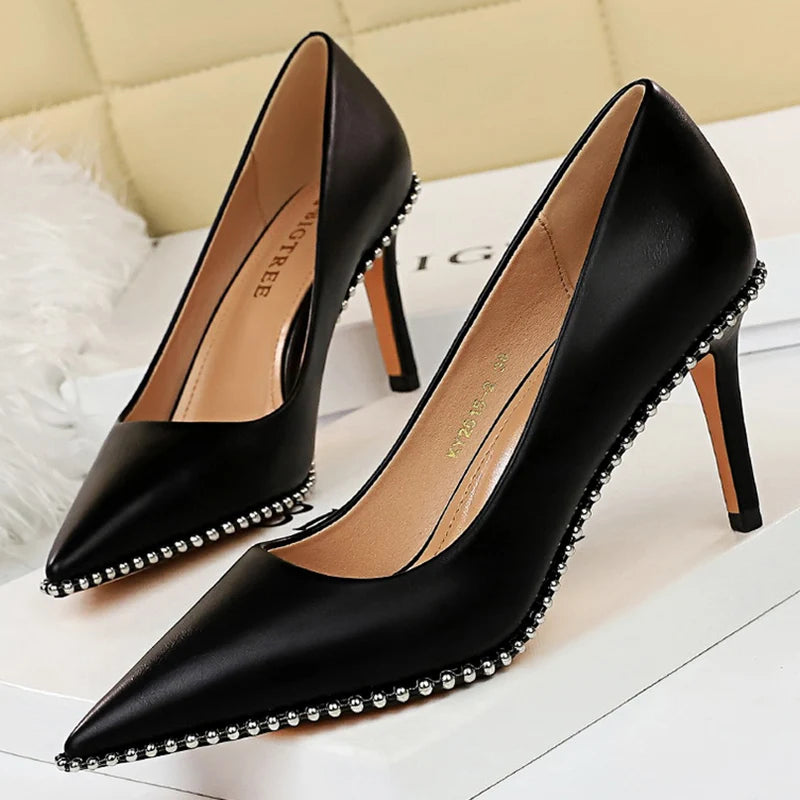 Women 7.5cm 10.5cm High Heels Studded Rivets Pumps Lady Fetish Stiletto Middle Low Heels Scarpins Stripper Catwalk Event Shoes