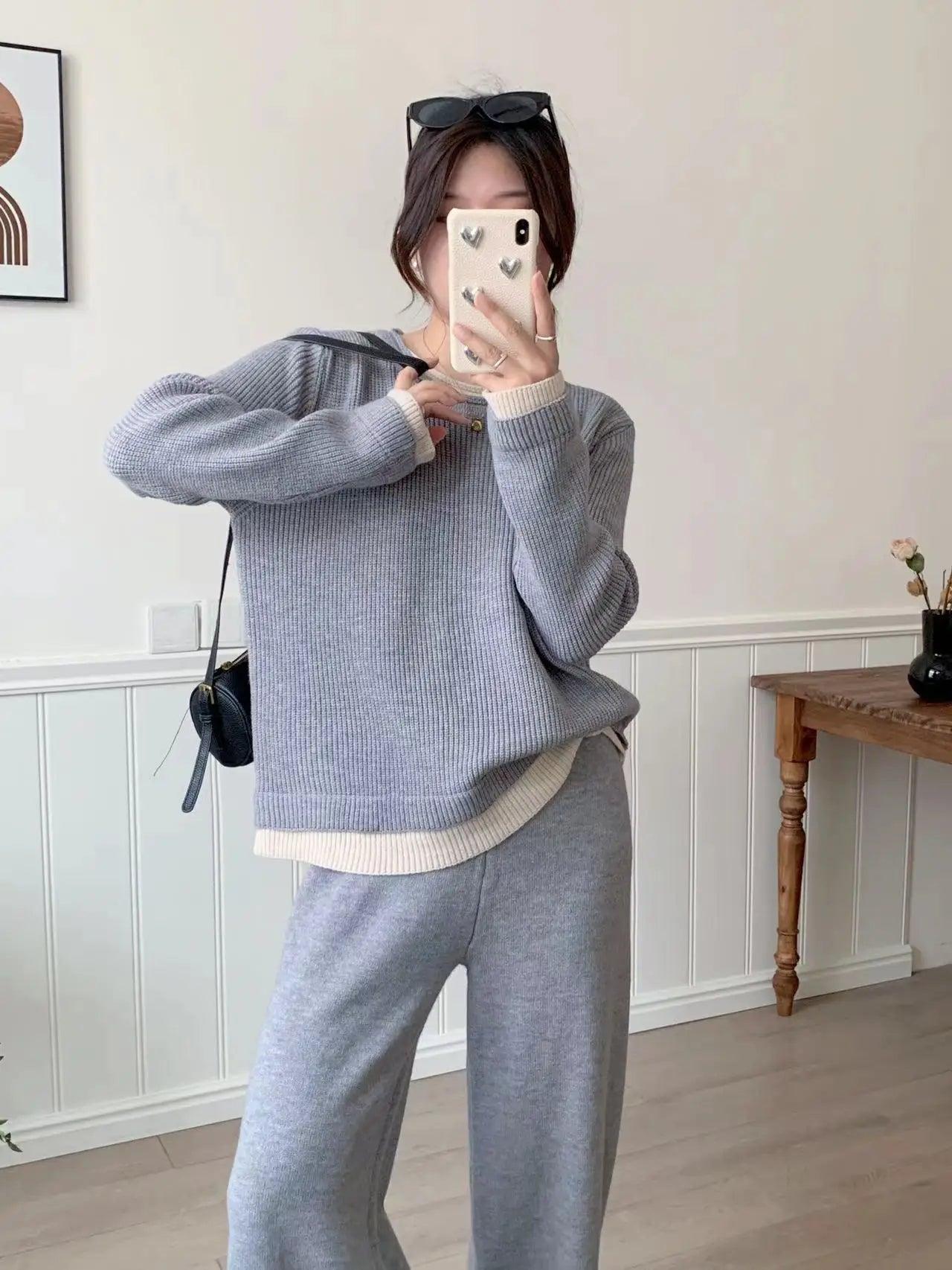 Knitted Two-Piece Pullover Sweater & Wide-Leg Pants Set – Modest Casual Knitwear Tracksuit - Aurex