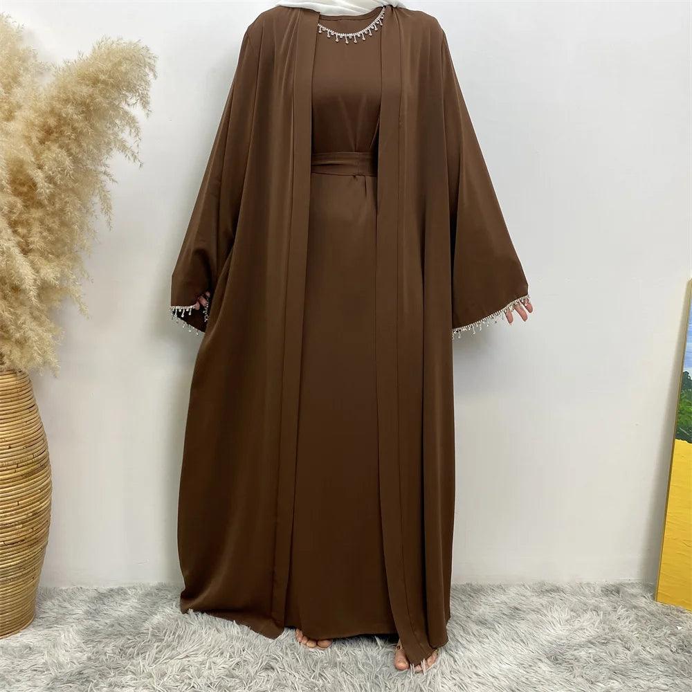 New fashion Muslim women sleeveless dress plus Muslim cardigan two-piece Arab Turkey Dubai dress elegant temperament clothing - Aurex