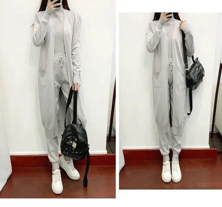 Winter Women Knitted 3 Pieces Set Casual Thicken Long Coat Dress Sweater Coat +top + Pant 3PCS Suits Warm Set Abaya 2024 - Aurex