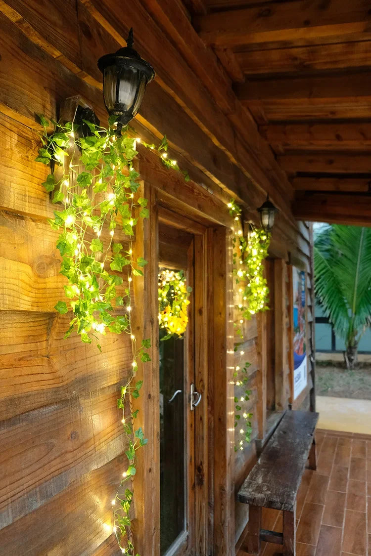 Silk Fake Green Leaf Ivy Vine with LED Lights String for Home Bedroom Decor Wedding Glowing Artifical Plant Garland Decor