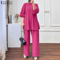 Elegant Muslim Sets ZANZEA Summer Tracksuits Women Long Sleeve Blouse Trousers Suits IsIamic Outfits Fashion Loose Matching Sets - Aurex