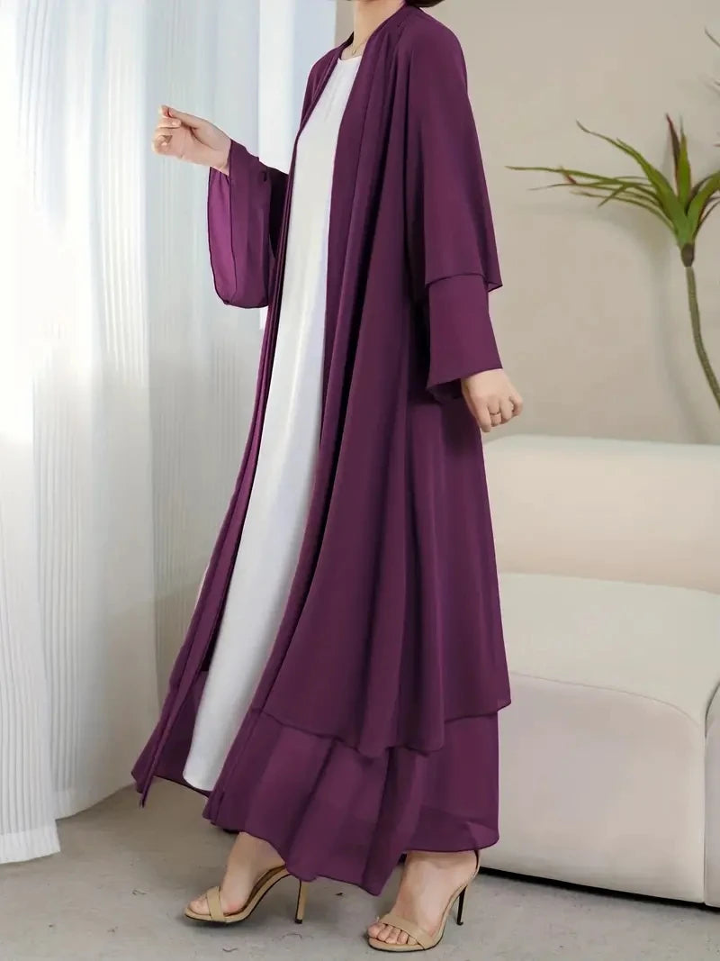 Solid Color Tie Waist Modest Dress, Elegant Layered Hem Maxi Length Dress With Hijab, Women's Clothing - Aurex