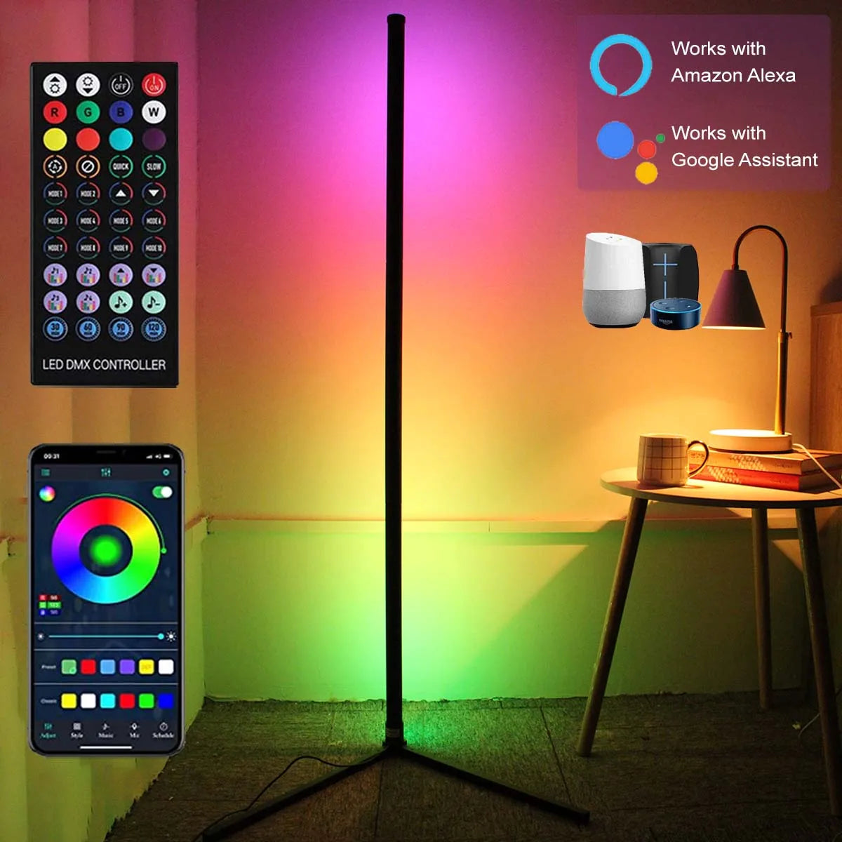 160CM Smart Bluetooth APP Corner Floor Lamp with Remote Music Sync RGB Mood Standing Light for Bedroom Living Room Novelty Lamp