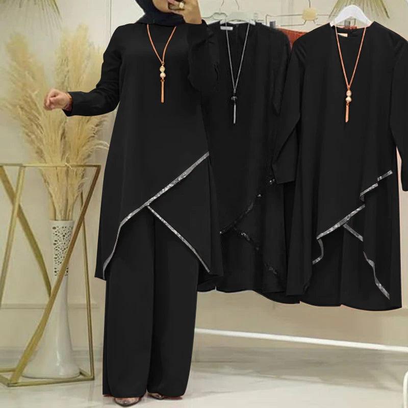 ZANZEA 2PCS Women Muslim Sets Fashion Sequins Islamic Clothing Loose Matching Sets Tracksuit Long Sleeve Blouse Abaya Suits - Aurex