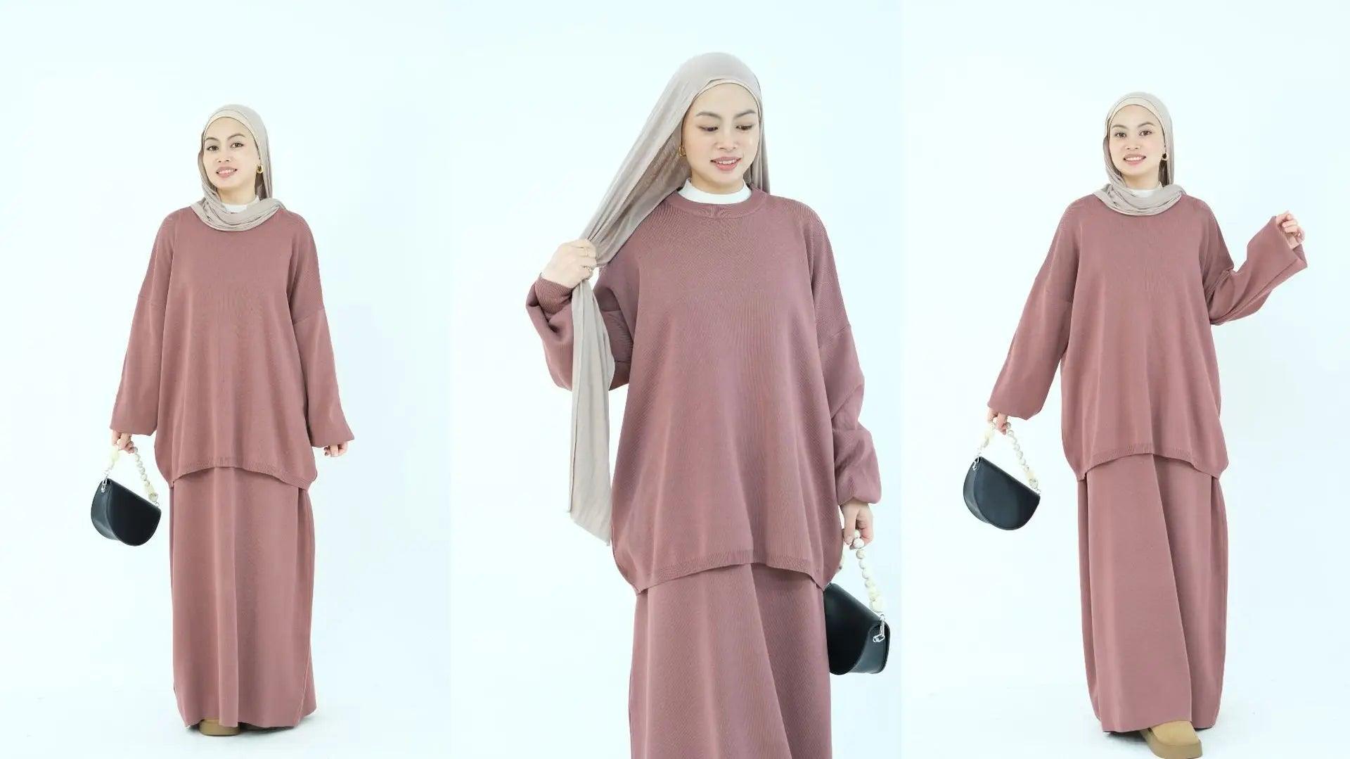 Autumn Winter Thickened Knitted Sweater Skirt Set Ramadan Modest Suits Muslim Women Solid Color 2-piece Set Warm Islam Clothing - Aurex