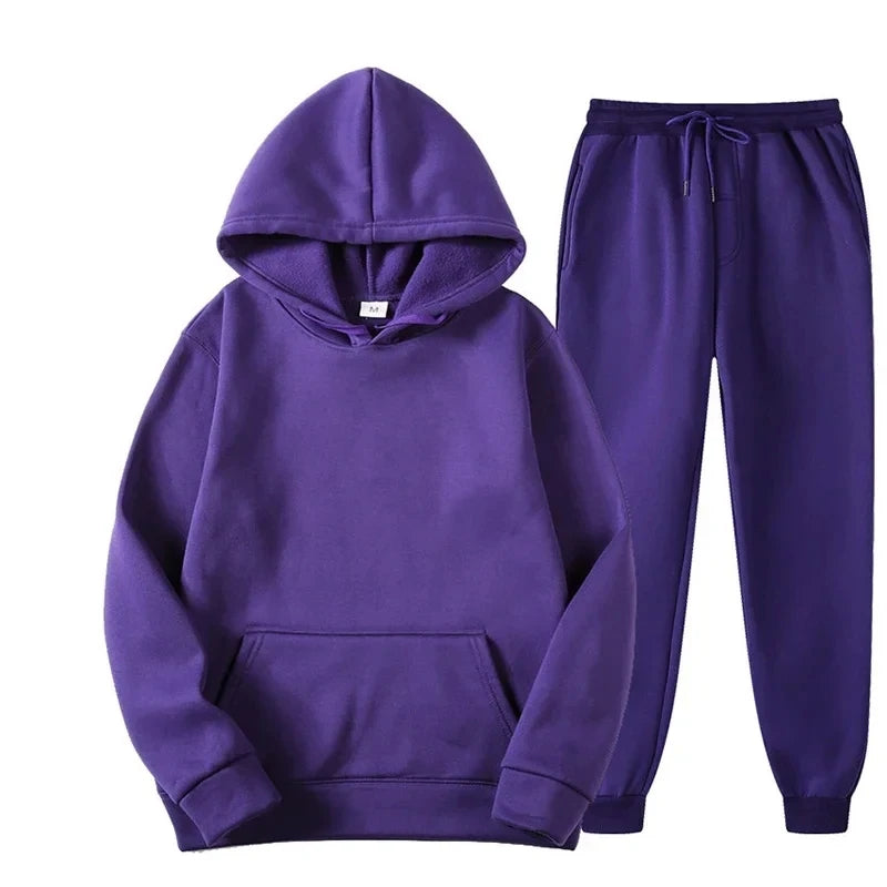 New Men Women Tracksuit Hoodies Casual Solid Color Thick Pullover and Long Pant 2-piece Set Men Autumn Fleece Jogger Sports Suit - Aurex