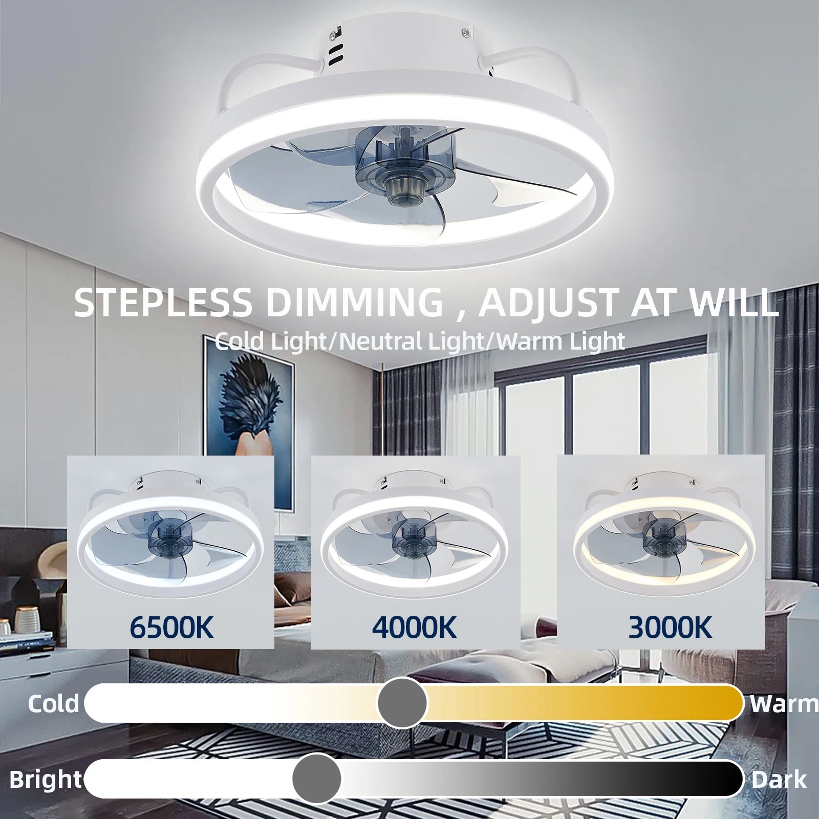 LED ceiling fan light DC motor with light power 55W bedroom decoration ventilation fan ligh90V~265V invisible blade mute - Aurex