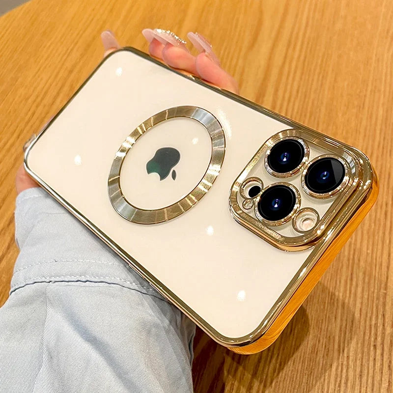 For Magsafe Transparent Magnetic Case For iPhone 14 13 12 11 15 Pro Max 15Pro 14Pro Soft Silicone Gold Full Lens Camera Cover on