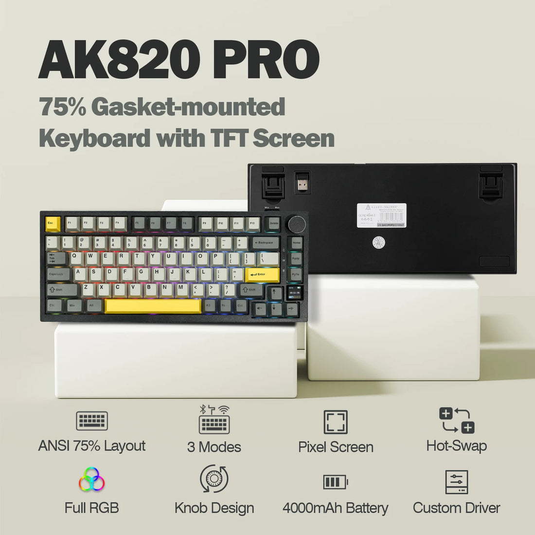 Ajazz AK820 Pro 75% Gasket-mounted Bluetooth 5.1/2.4G Wireless/Type-C Wired Mechanical Keyboard with TFT Screen for Mac/Win