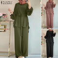 Muslim Women Matching Sets Long Sleeve Solid Color Tops And Loose Pant Suits Elegant Fashion Casual Tracksuit Kaftan - Aurex