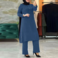 Arab Women Eid Muslim Two Pieces Set Blouse & Wide Leg Pant Musulman Ensemble Belt Single Button Shirt Ramadan Modest Clothing - Aurex