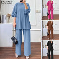 Elegant Muslim Sets ZANZEA Summer Tracksuits Women Long Sleeve Blouse Trousers Suits IsIamic Outfits Fashion Loose Matching Sets - Aurex