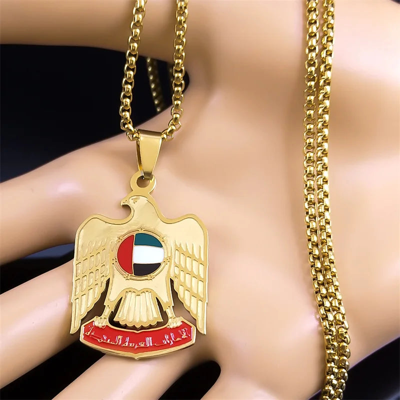 The United Arab Emirates Flag Eagle Necklace for Women Men Stainless Steel Gold Color Country Flag Necklace Pendant Jewelry