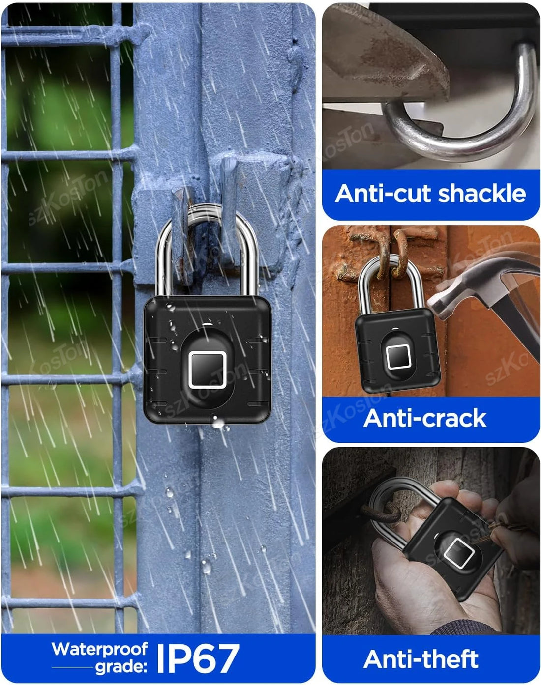 Fingerprint Padlock IP67 Waterproof Lock Smart Padlock Keyless Biometric Lock Suitable for Luggage Suitcase Gym Locker Lock