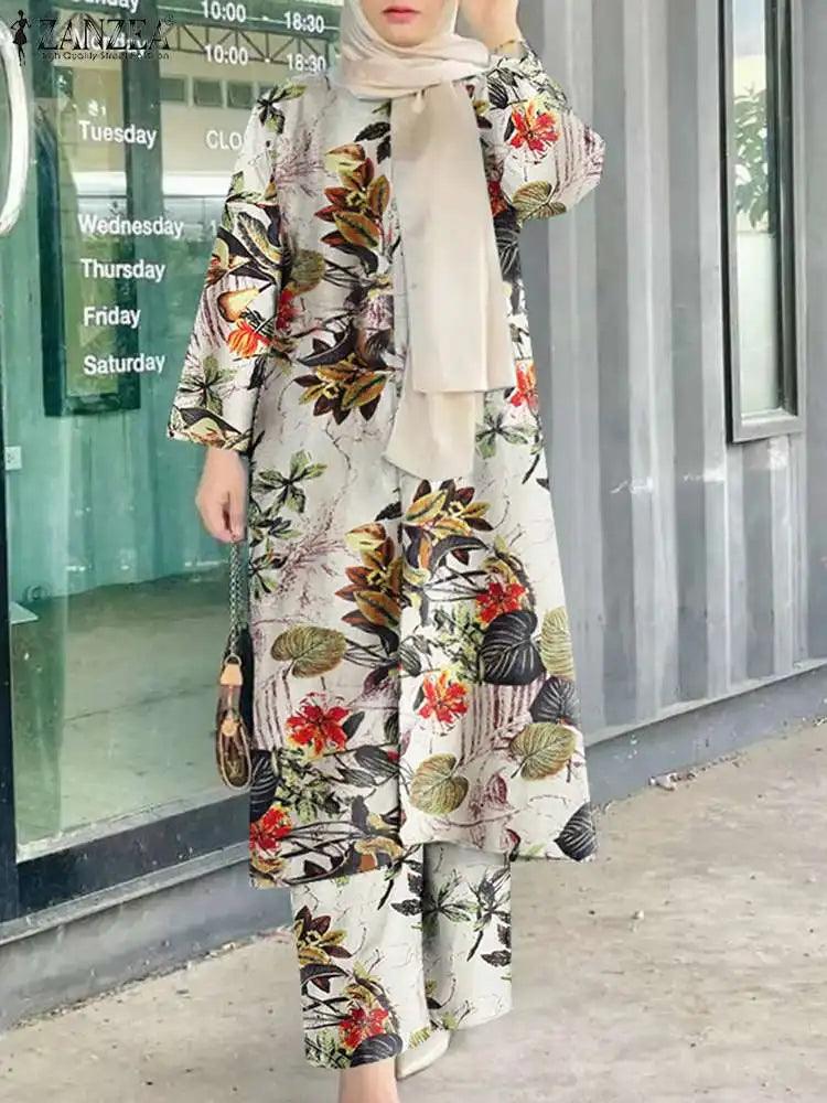 ZANZEA 2PCS Floral Muslim Sets Boehmain Female Blouse Wide Leg Pant Sets Turkey Abaya Loose Matching Sets IsIamic Tracksuits - Aurex