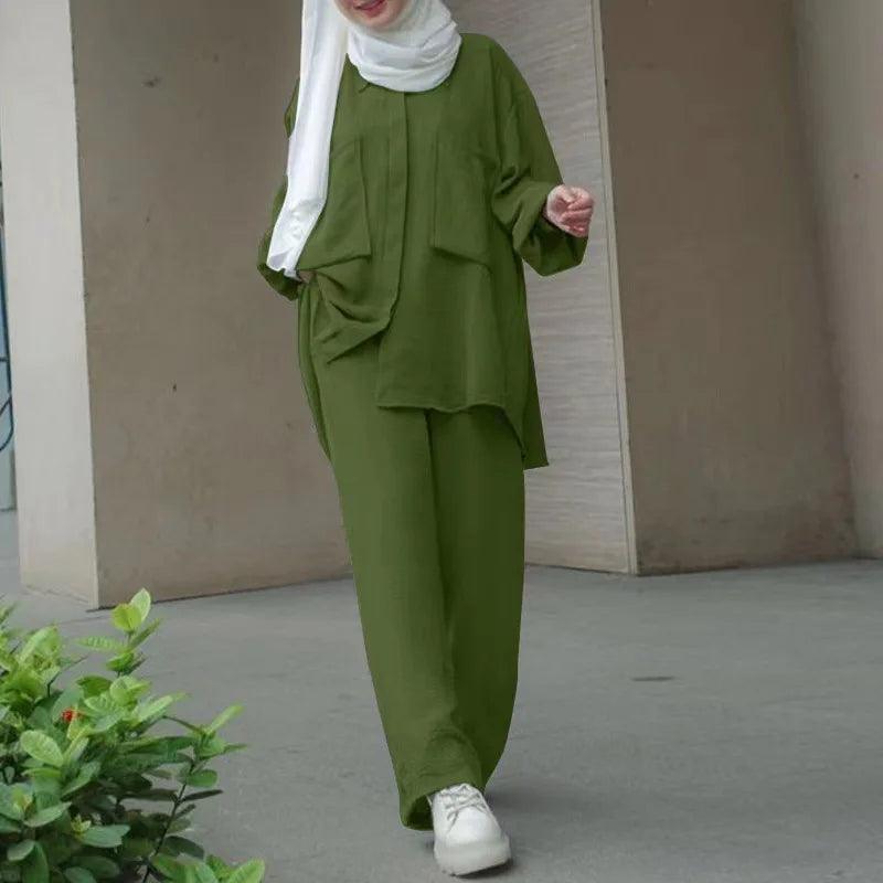 Muslim Wide Leg Trousers Suits for Women, Solid Long Tops and Pant Sets, Islamic Fashion, Urban Tracksuit, Two Piece Sets - Aurex