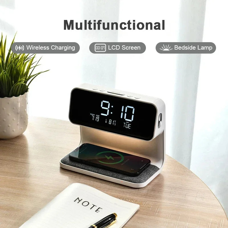 10W Wireless Charger Bedside Lamp Alarm Clock Bedroom Three Gear Dimming Eye Protection Night Light Phone Charging Stations