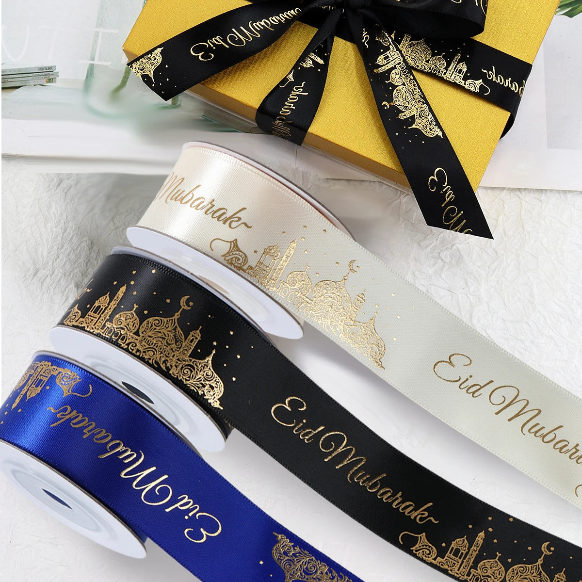 Eid Mubarak Ribbons Gift Wrap Satin Ribbon Ramadan Decor 2025 For Home Ramadan Kareem Islamic Muslim Party Eid Al Adha Gifts