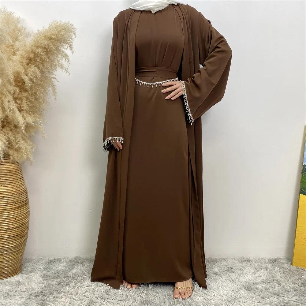 New fashion Muslim women sleeveless dress plus Muslim cardigan two-piece Arab Turkey Dubai dress elegant temperament clothing - Aurex