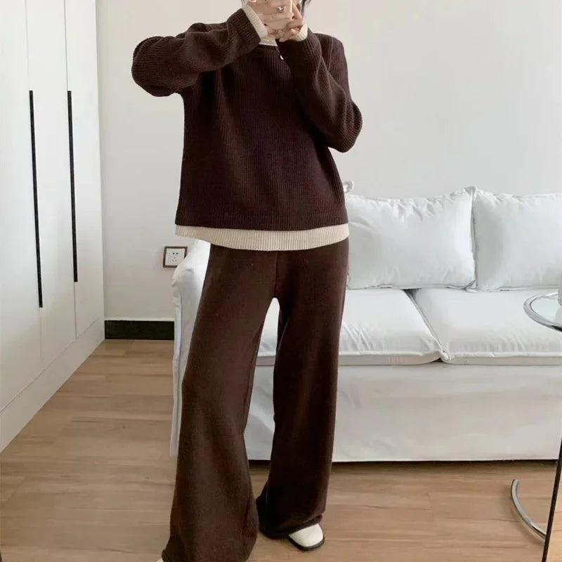 Knitted Two-Piece Pullover Sweater & Wide-Leg Pants Set – Modest Casual Knitwear Tracksuit - Aurex