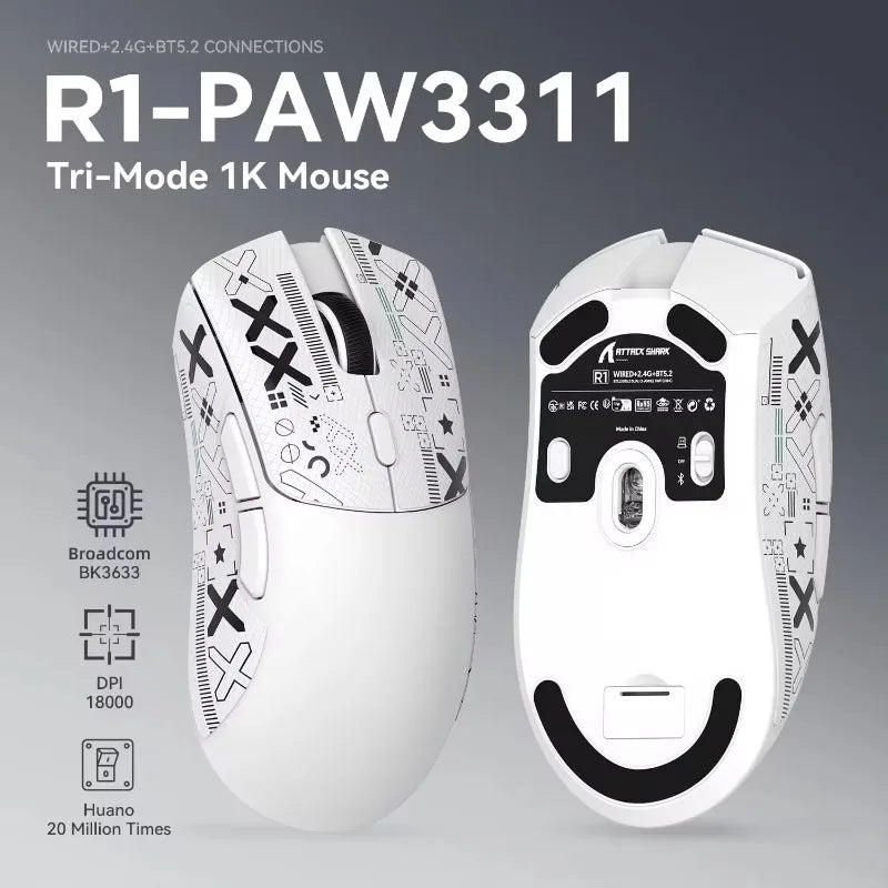 ATTACK SHARK R1 2.4 Wireless Tri-Mode Lightweight Gaming Mouse, PAW3311 Optical Sensor 18K DPI Programmable Wired Computer Mouse