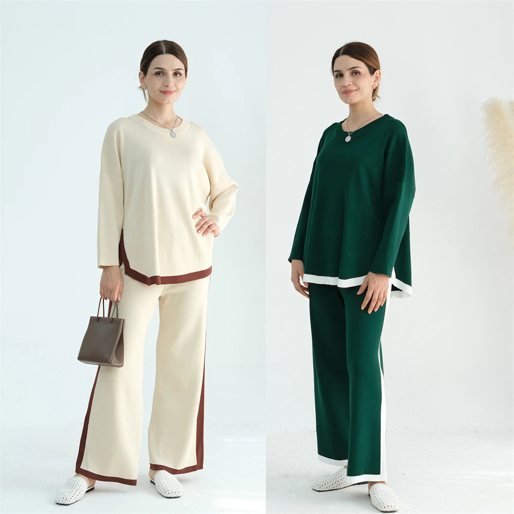 Ramadan Knitted Sweater Plain 2 Piece Abaya Set Tops Pant Modest Muslim Set For Women Islam Caftan Robe Femme Musulmane Kaftan - Aurex